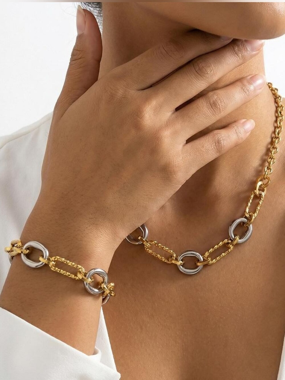 Two Tone Mixed Metal Chain Link Necklace and Bracelet Jewelry Set